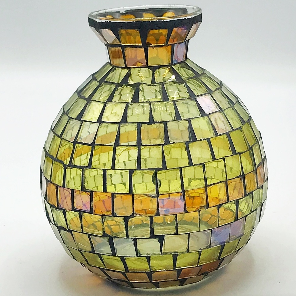 SOLD Amber and Yellow Mosaic Round Vase - Picture 1 of 3